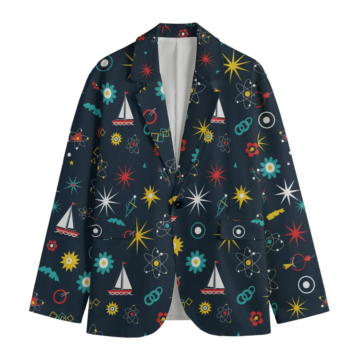 Unique Atomic Retro Blazer, Men's Funky Print Cotton Jacket, Science & Sailor Design Casual Blazer, Boho Flat Lapel Lightweight