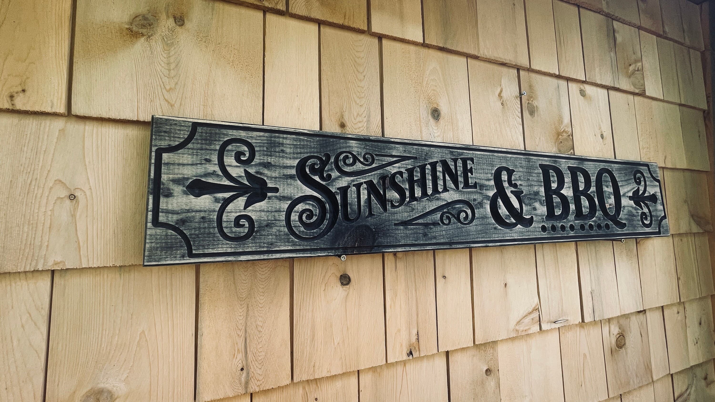 Sunshine & BBQ Carved Real Pine Wooden Sign