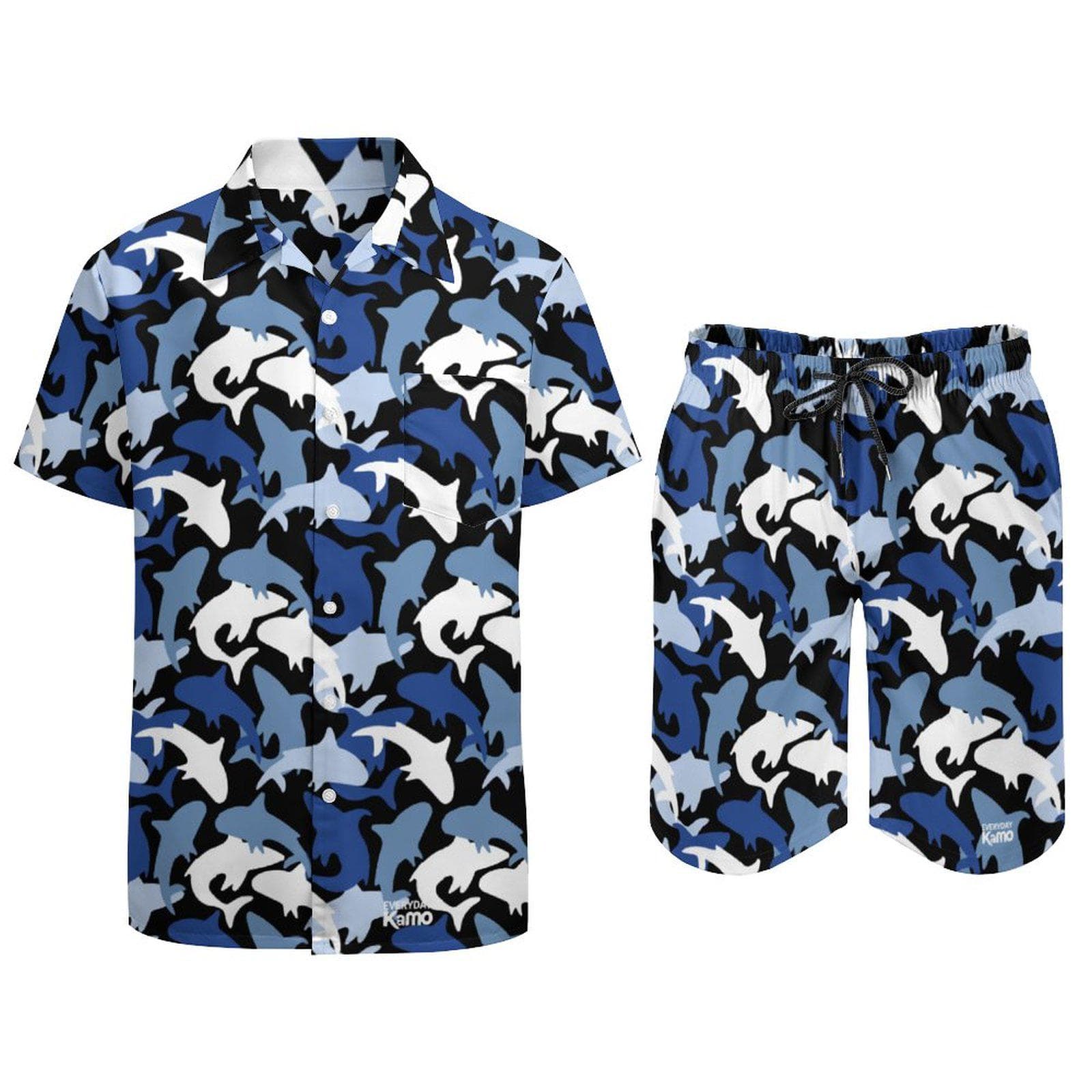 Everyday Kamo Men's Blue Ocean Camo Shirt & Shorts Set | Dolphin Shark Beach Outfit | Summer Vacation Hawaiian Two-Piece