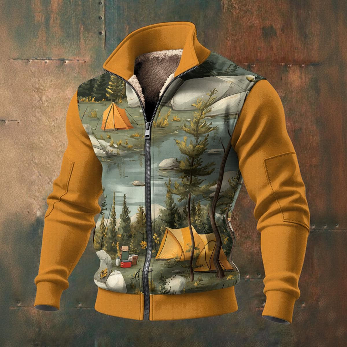 Men's Camping Scene Fleece Zip-Up Jacket - Cozy Outdoor Adventure Graphic Hoodie