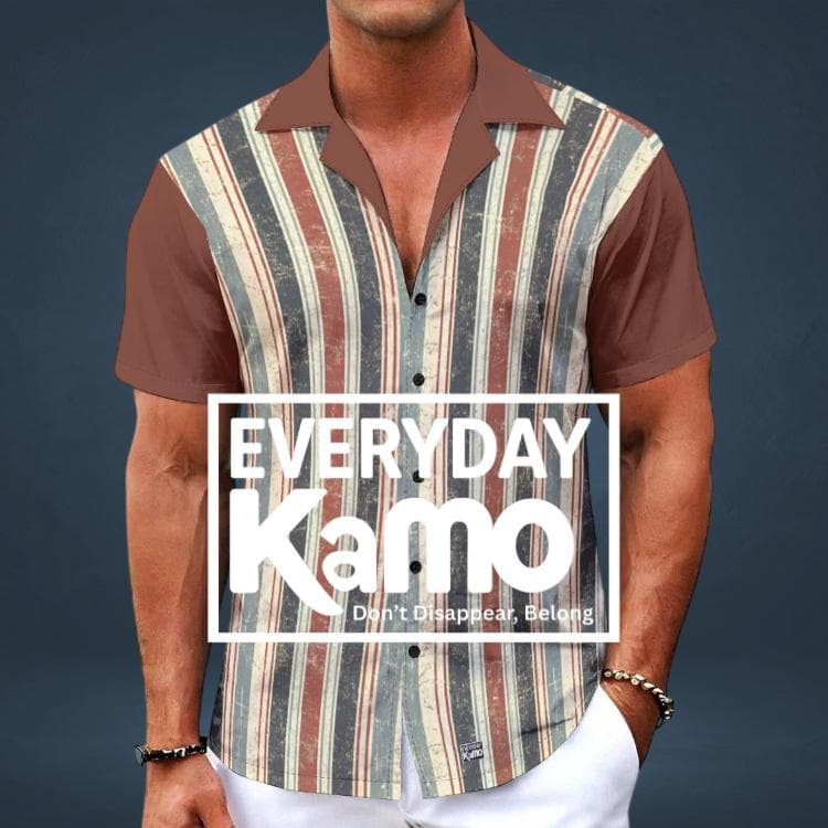 Men's Vintage Striped Camp Collar Shirt | Retro Distressed Print Hawaiian Button Up | Summer Casual Short Sleeve