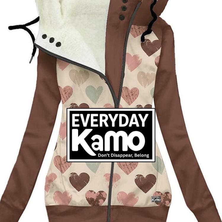 Heart Print Plush Hoodie | Asymmetrical Zip Winter Jacket