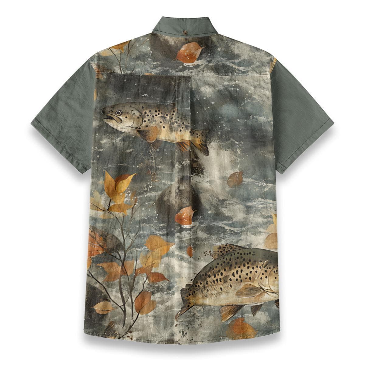 Trout River Print Cotton Shirt | Fishing Button Up, Nature Inspired
