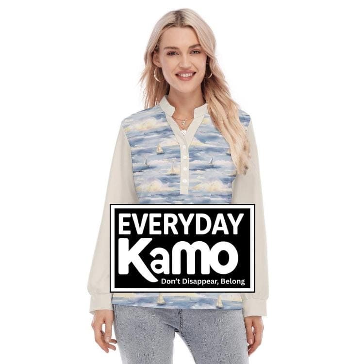 Sailboat Print Henley Top | Nautical Long Sleeve Blouse