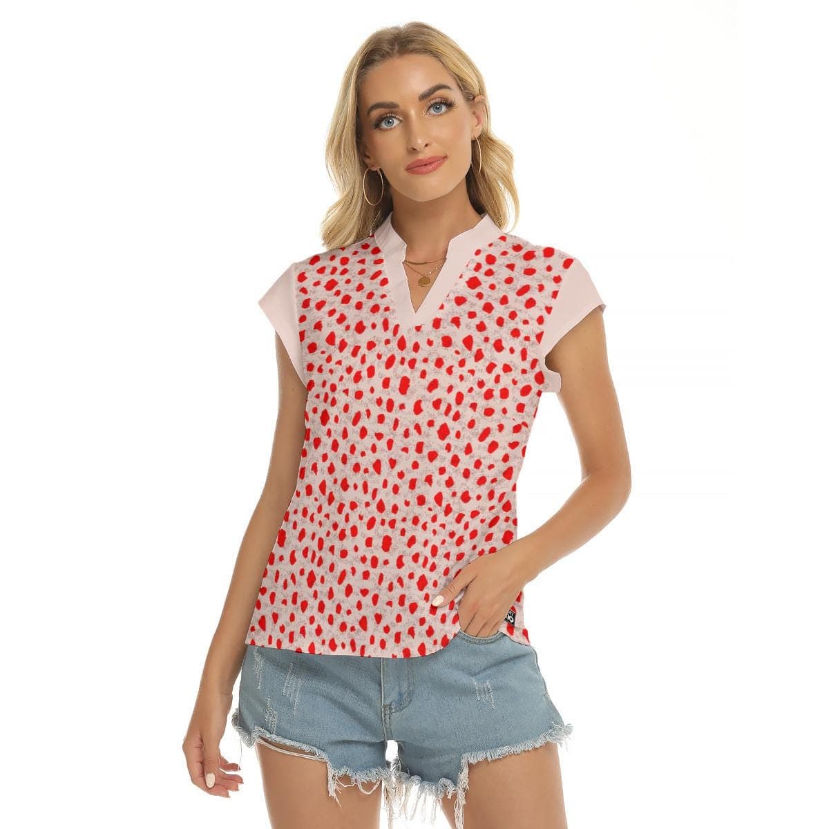 Chic Red Spot Print V-Neck Blouse | Women's Short Sleeve Top | Four-Way Stretch Comfort