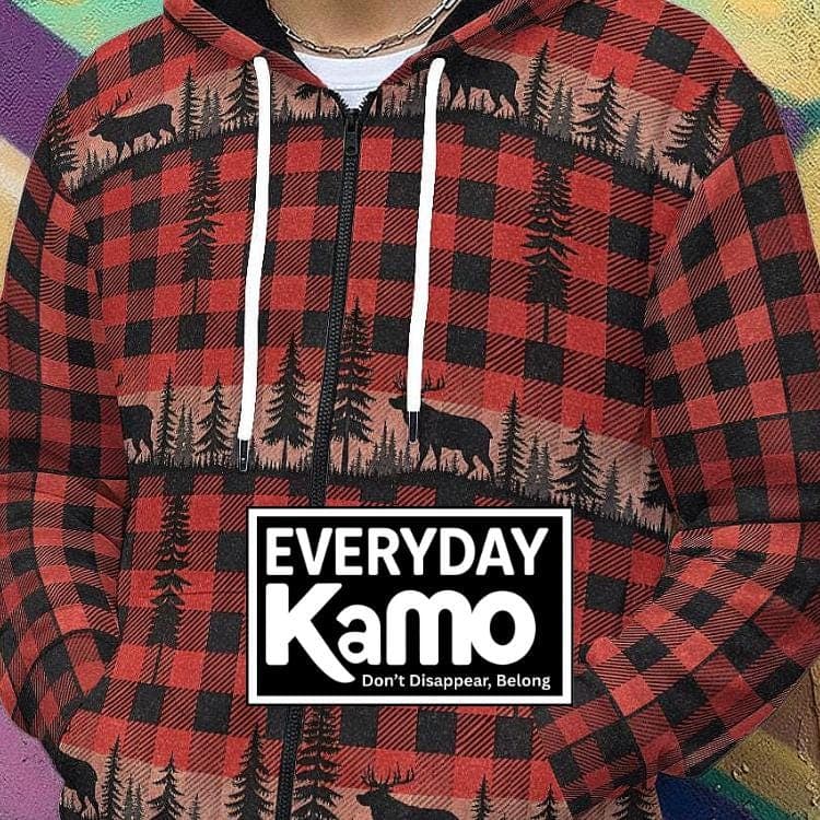 Buffalo Plaid Deer Forest Full-Zip Hoodie | Cozy Wilderness Adventure Jacket | Rustic Fleece Warmth