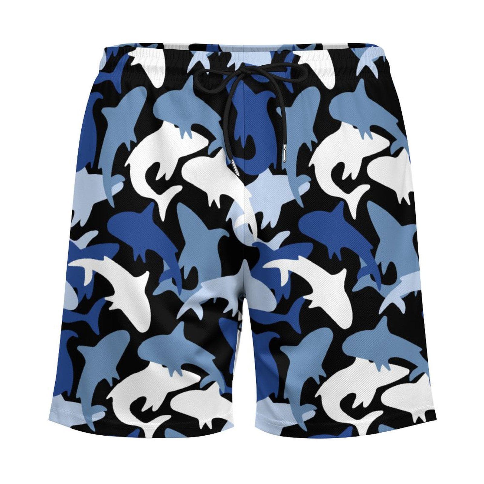 Men's Blue Shark Camouflage Beach Shorts | Quick Dry Swim Trunks with 4 Pockets