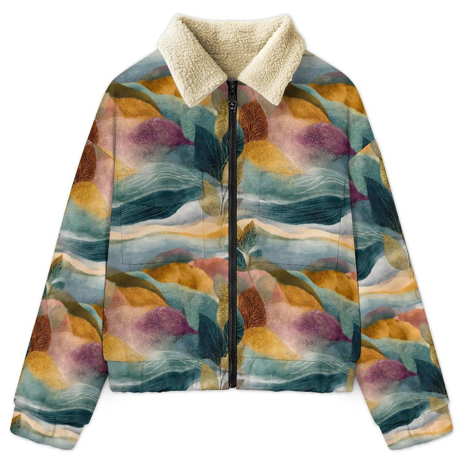 Artistic Abstract Fleece Jacket | Colorful Sherpa Collar Bomber | Unique Botanical Print Women's Coat