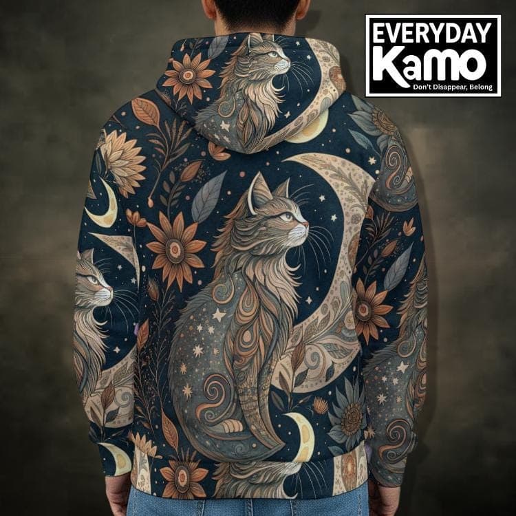 Mystical Cat on Moon Full-Zip Hoodie | Celestial Starry Night Art Cozy Fleece Jacket | Whimsical Animal Lover Gift