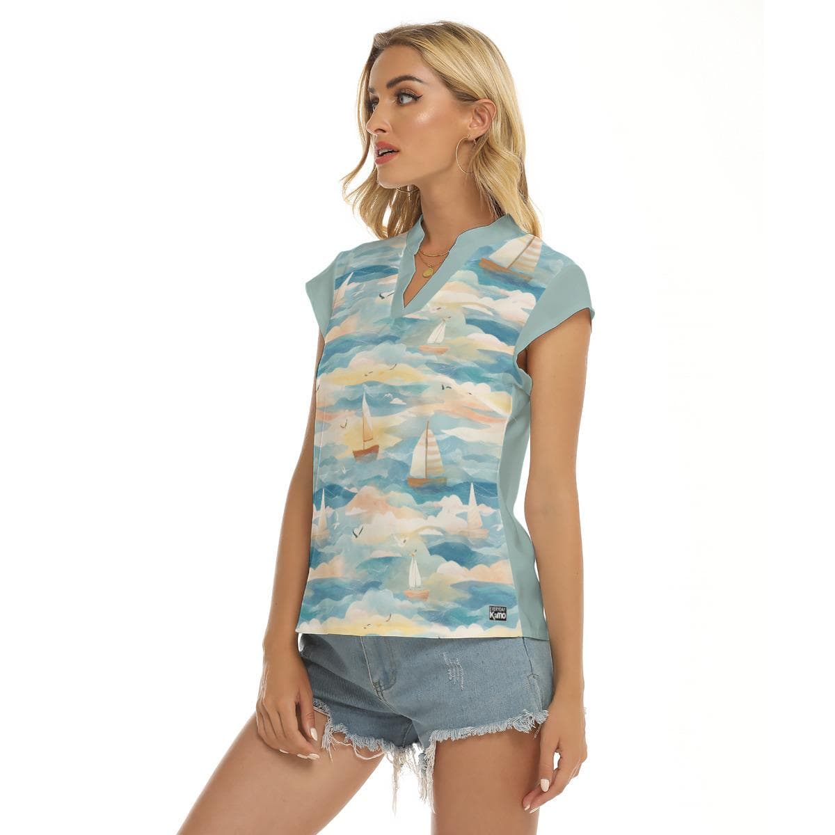 Nautical Sailboat Print V-Neck Top | Women's Stretch Blouse