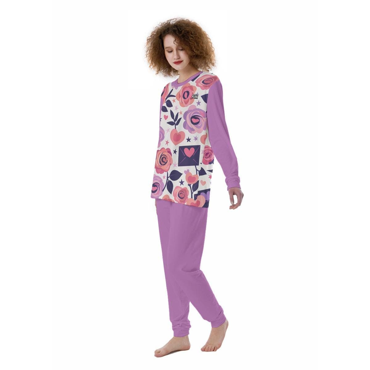 Cozy Floral Heart Pajama Set for Women | Soft Purple Rose Loungewear | Skin-Friendly Two-Piece Sleepwear