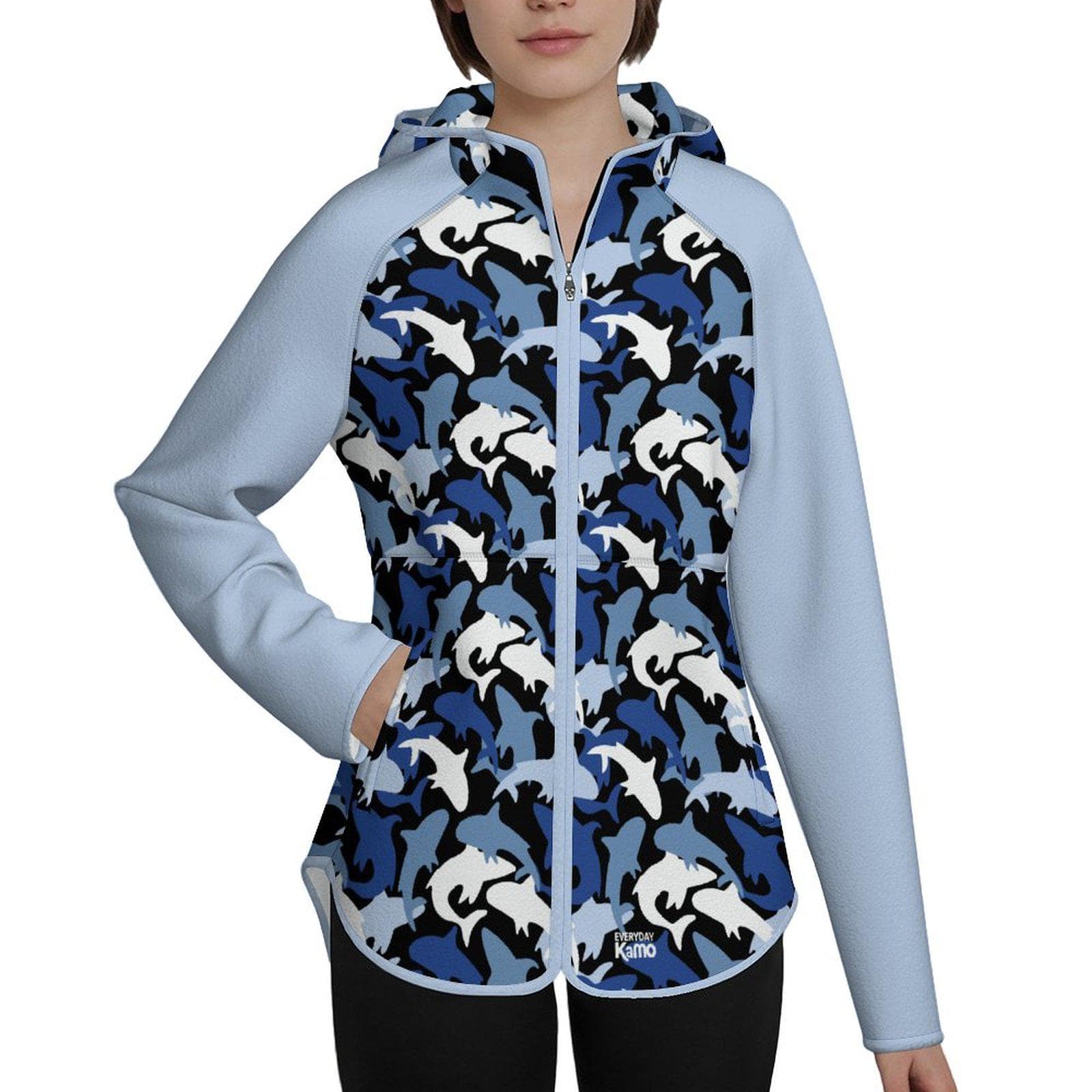 Shark Camo Full-Zip Fleece Jacket | Blue Ocean Pattern Hooded Slim Fit Warm Hoodie