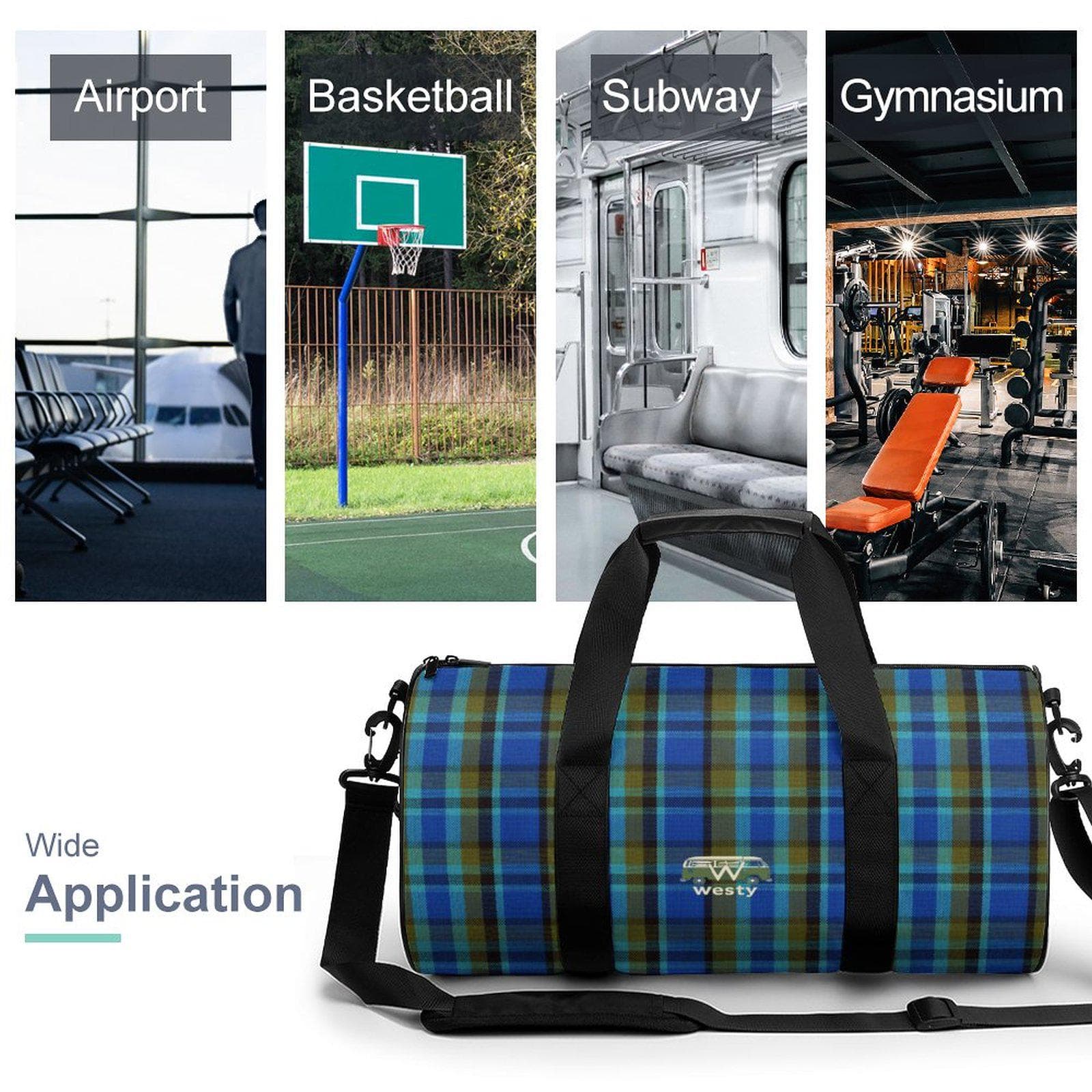 Westy Westfalia Blue Plaid Cylindrical Gym Travel Bag Oxford