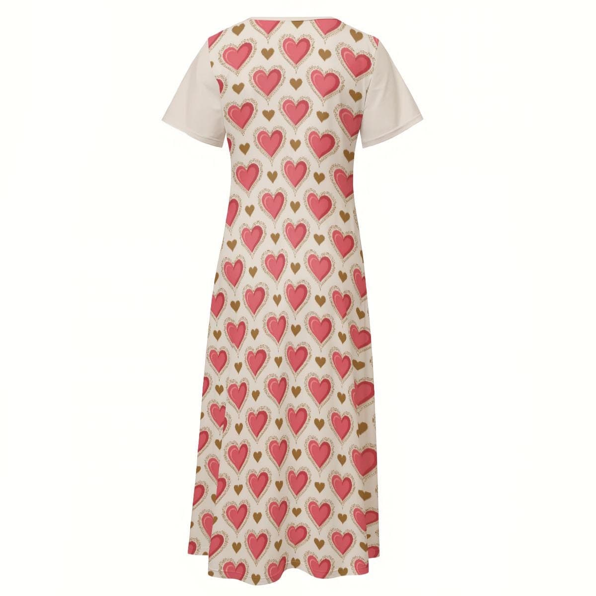 Heart Print Maxi Dress - Pink Gold Hearts V-Neck Jersey Beach Dress