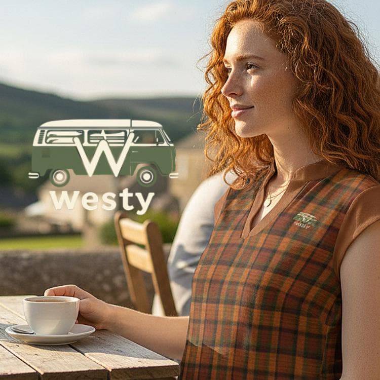 Westy Camper Van Plaid V-Neck Top - Road Trip Adventure Shirt
