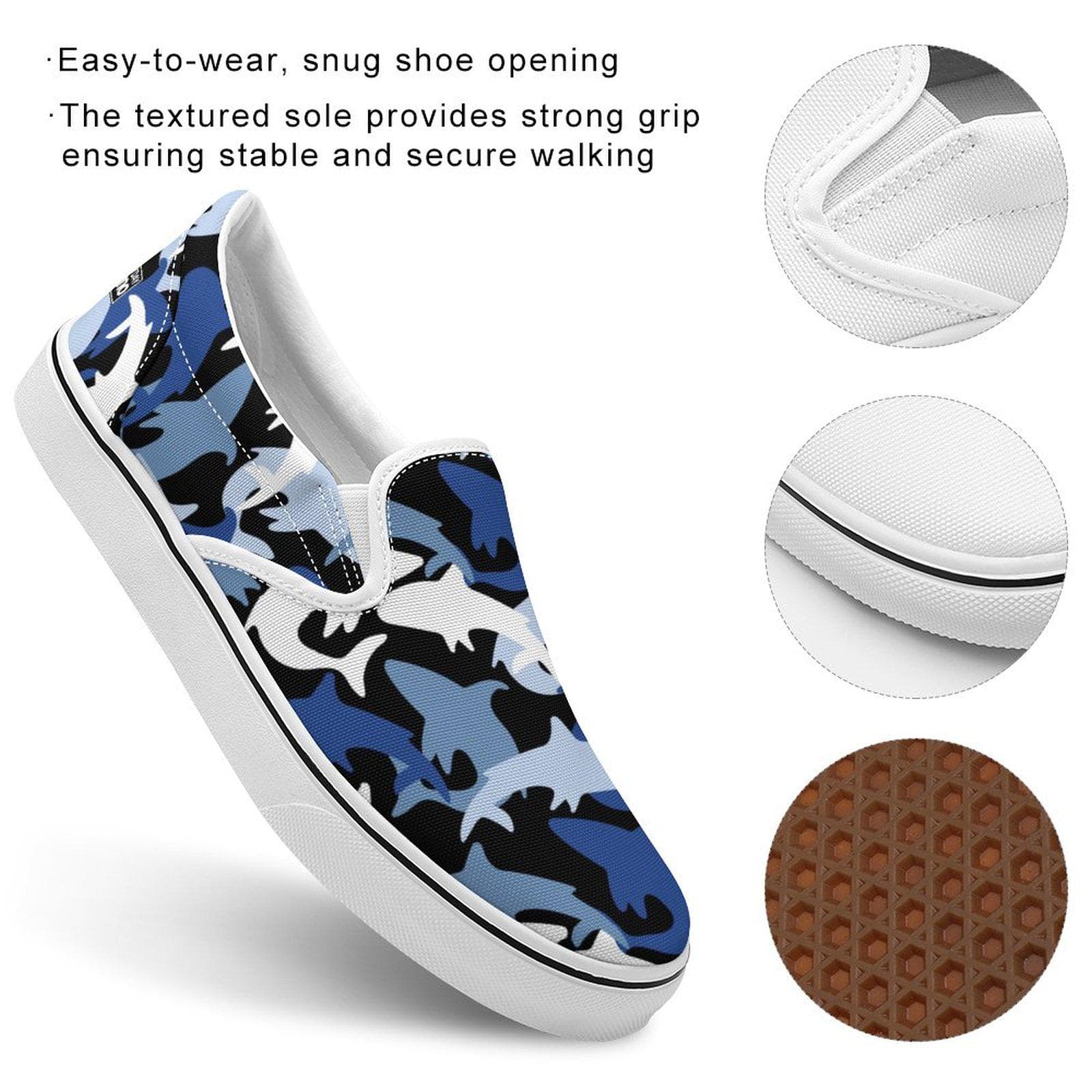 Unisex Shark Camo Slip-On Canvas Shoes - Deep Blue Ocean Wave Comfort Sneakers
