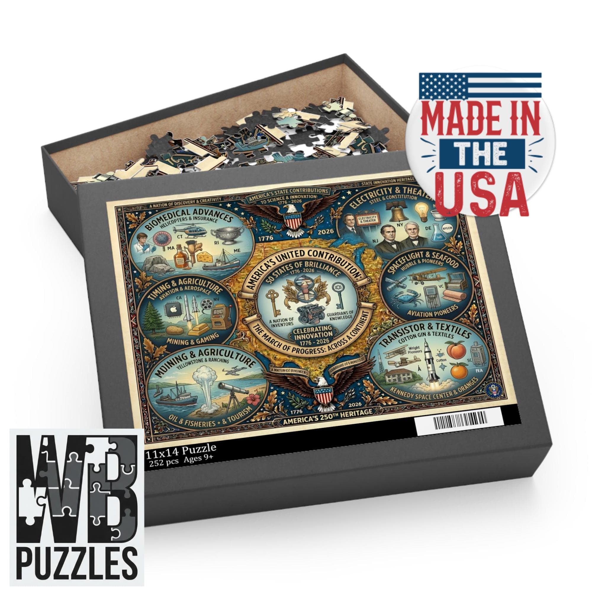 USA 250th Heritage Illustrated Puzzle | 252/500 Piece Chipboard | State Landmarks