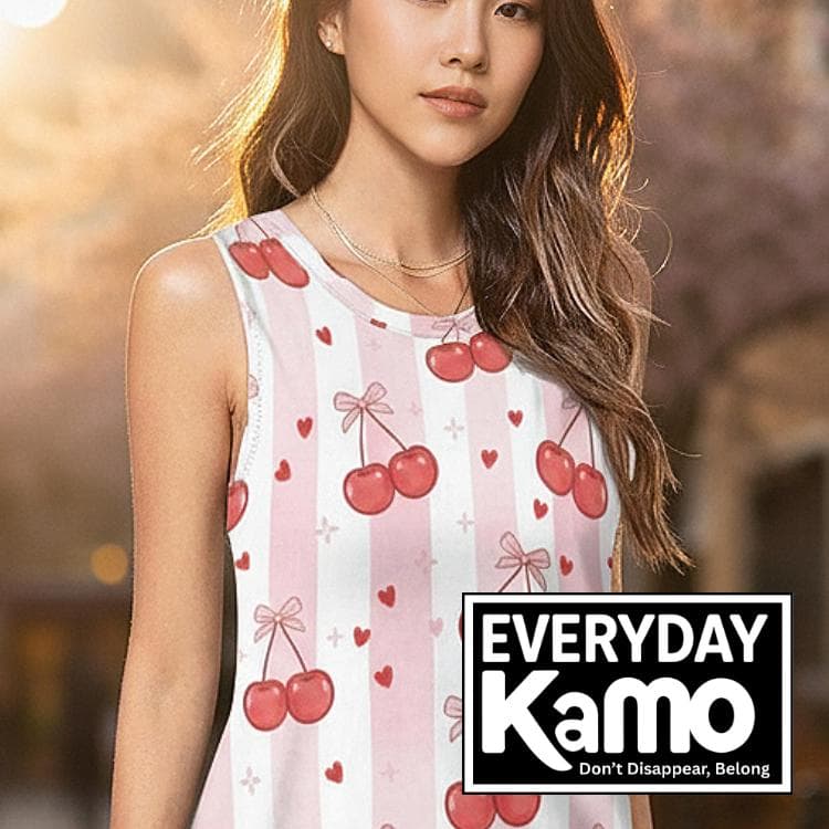 Cherry Stripe Sleeveless Dress | Pink Summer Tunic with Pockets