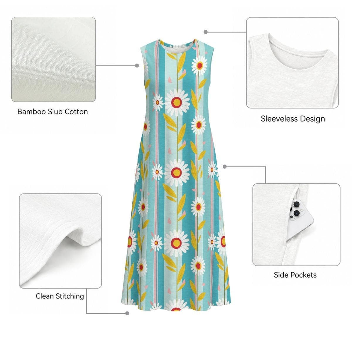 Daisy Stripe Sleeveless Midi Dress, Women's Cotton Slub A-Line Summer Dress, Floral Beach Vacation Outfit, Lightweight Flowy Casual