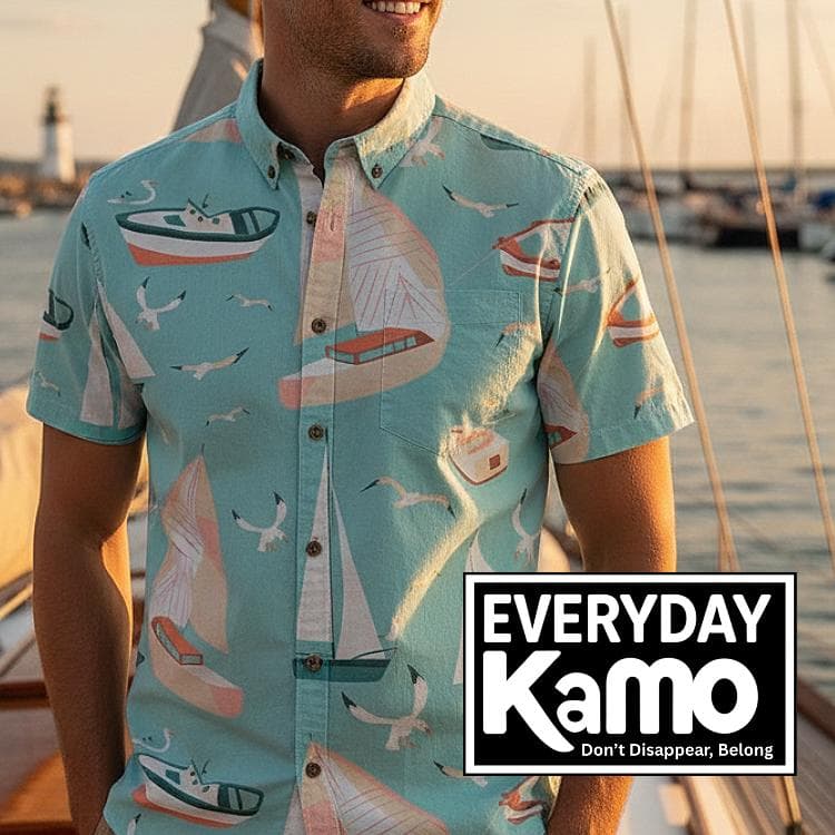 Men's Nautical Sailboat Shirt - Slub Cotton Short Sleeve Button-Down