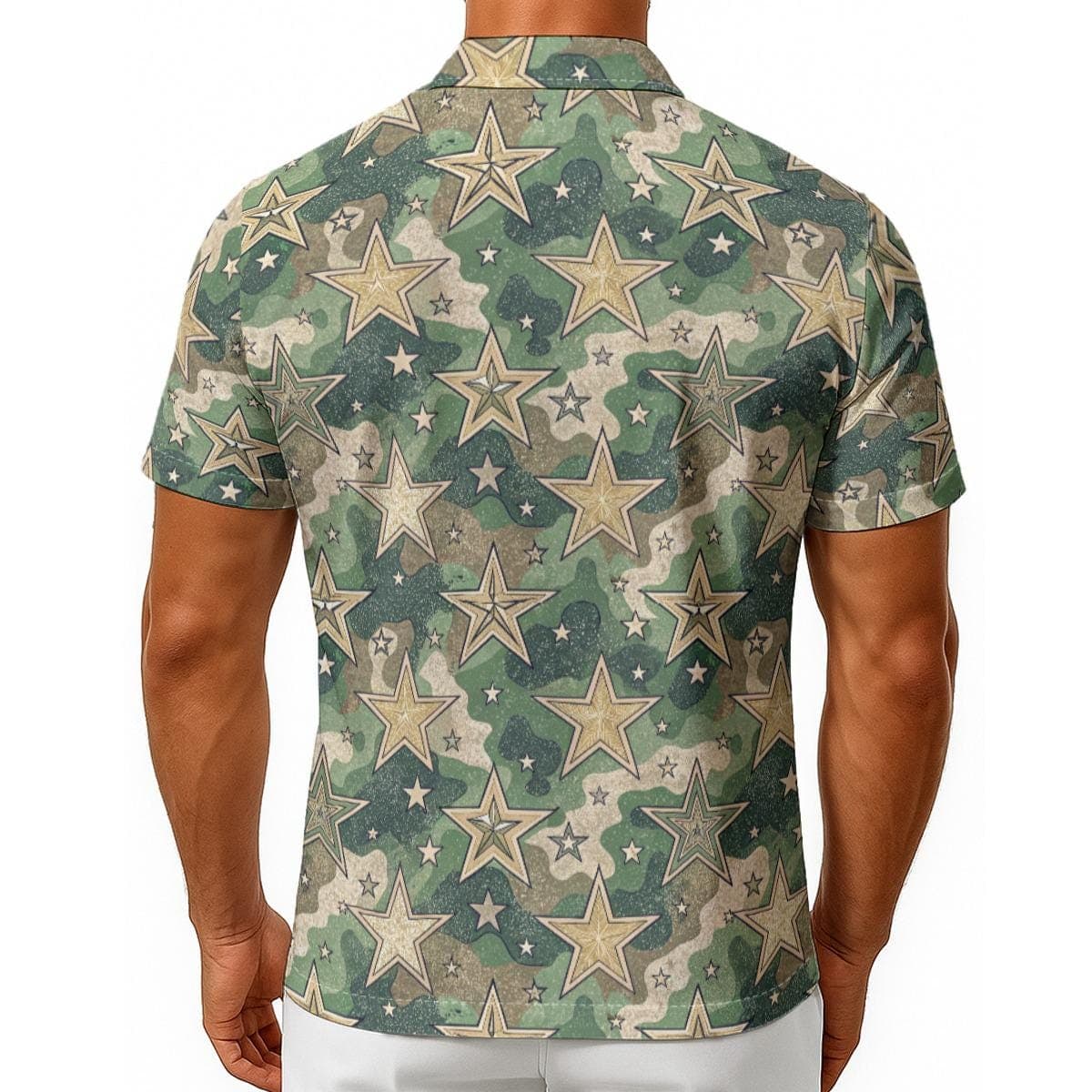 Men's Star Camouflage Hawaiian Shirt | Green Camo Aloha Shirt | Military Star Print Camp Collar Button Up | Breathable Summer Vacation Top