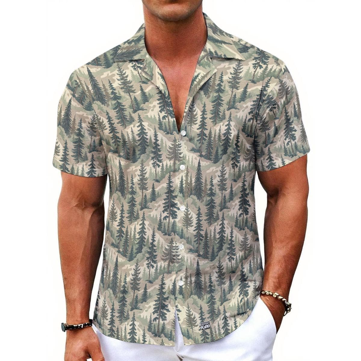 Men's Pine Tree Forest Hawaiian Shirt | Woodland Camo Camp Collar Button Up | Breathable Summer Nature Print Shirt