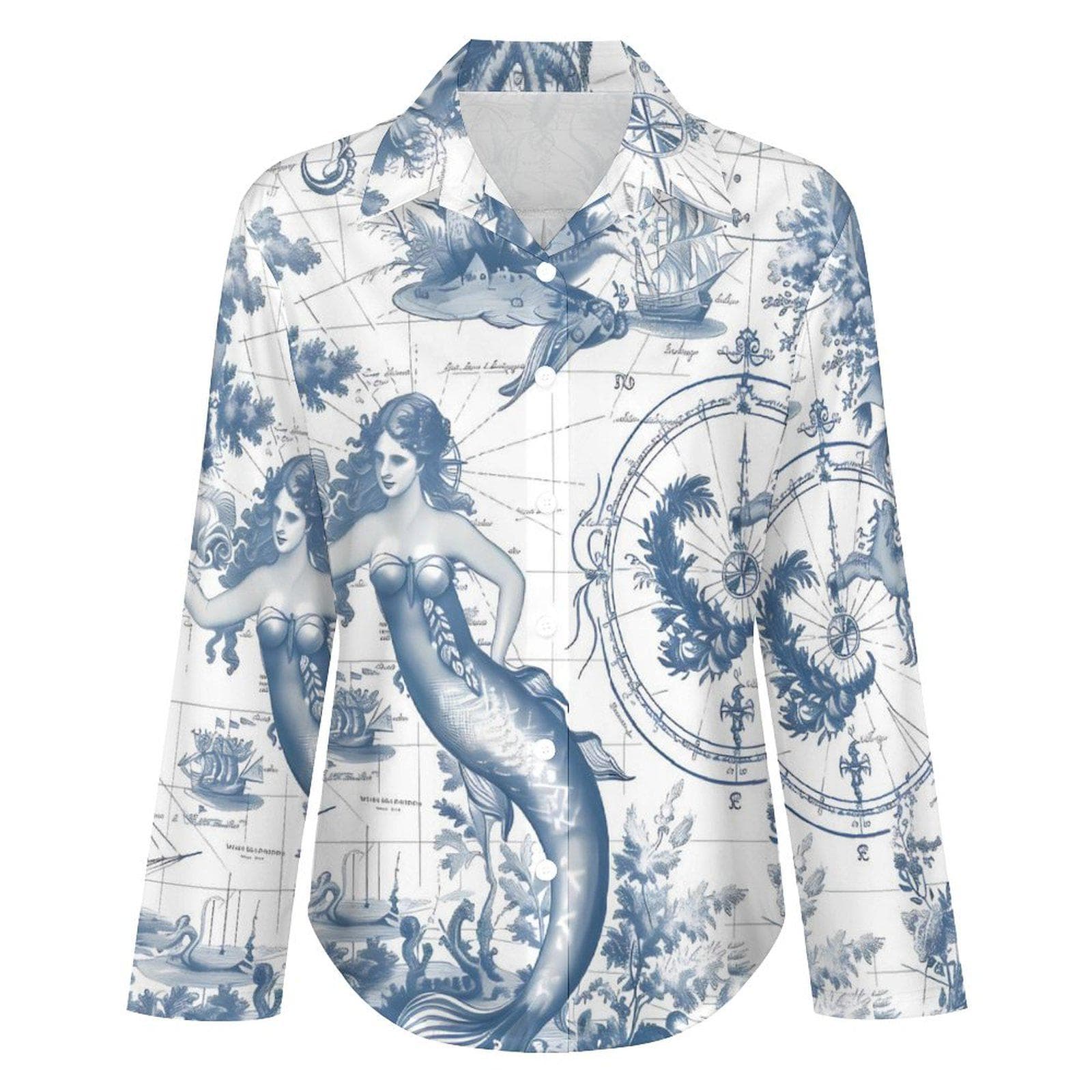 Mermaid Map Asymmetrical Hem Shirt | Nautical Fantasy Button Down Blouse | Vintage Chart Ocean Print Top | Coastal Chic Unique Graphic Tee