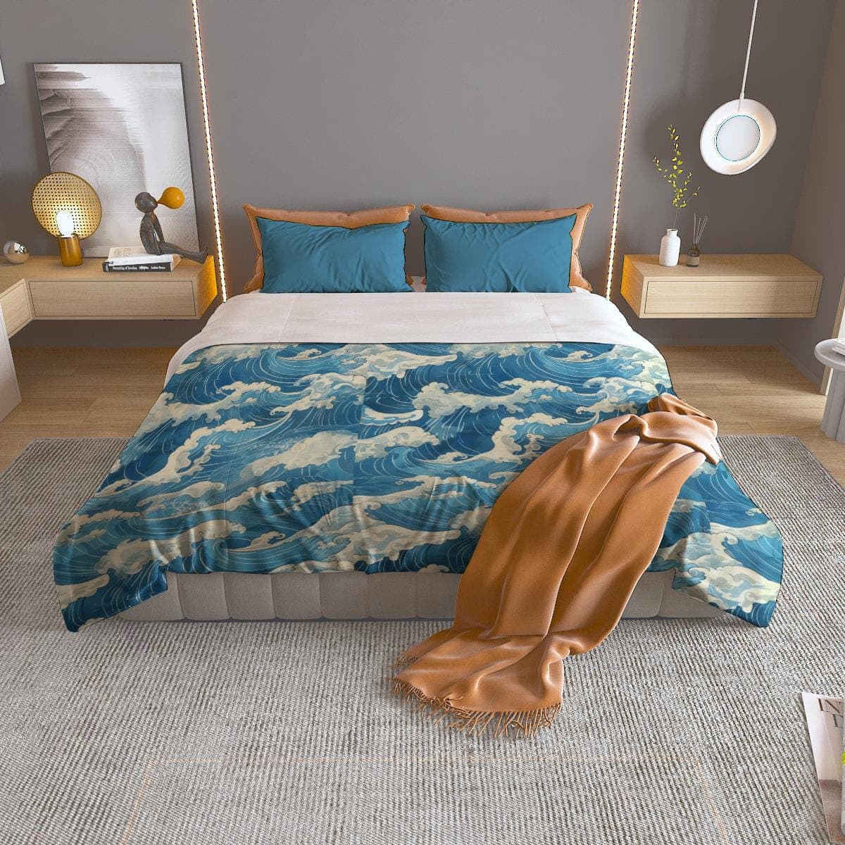 Japanese Wave Art Duvet Cover Set | Ocean Blue Polyester Bedding