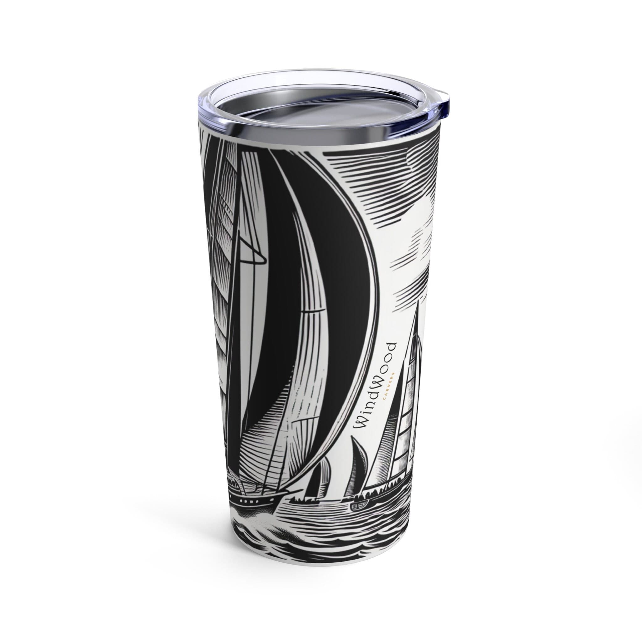 Sailboat Woodcut Tumbler 20oz | Black White Racing Design Stainless Steel