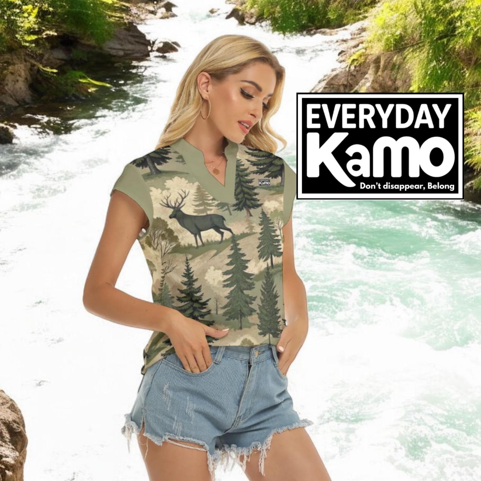 Majestic Deer Forest V-Neck Top - Everyday Kamo Eclectic Nature Print Shirt