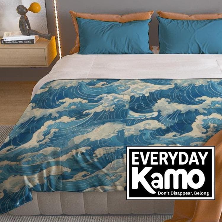 Japanese Wave Art Duvet Cover Set | Ocean Blue Polyester Bedding