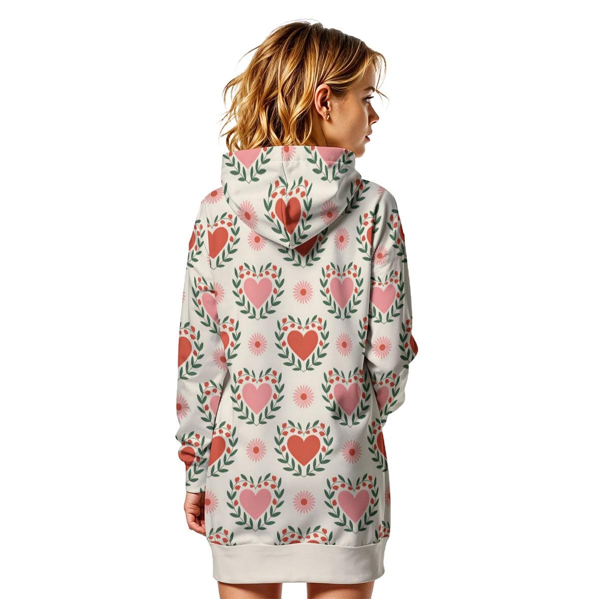 Cozy Floral Heart Hoodie Dress | Valentine's Love Pattern Tunic Sweatshirt