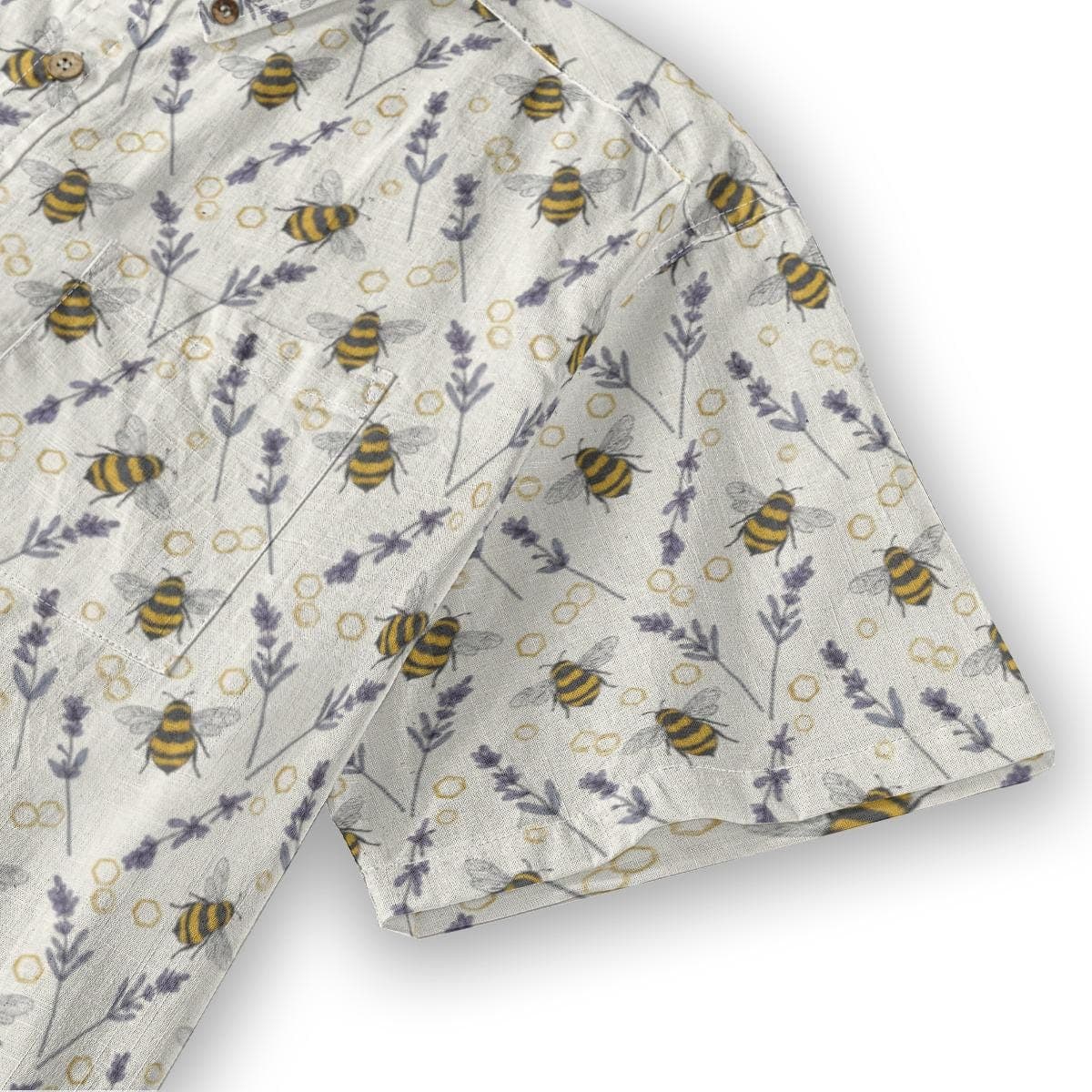 Whimsical Bee & Lavender Slub Cotton Shirt | Nature Print Button-Up | Breathable Summer Top