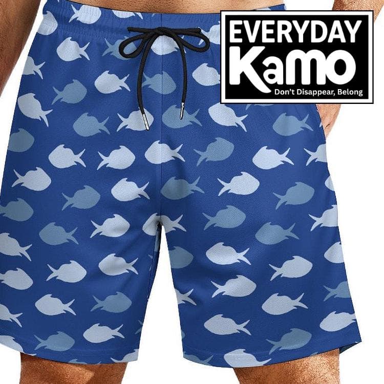 Men's Blue Fish Pattern Swim Trunks | Quick Dry Beach Shorts with 4 Pockets