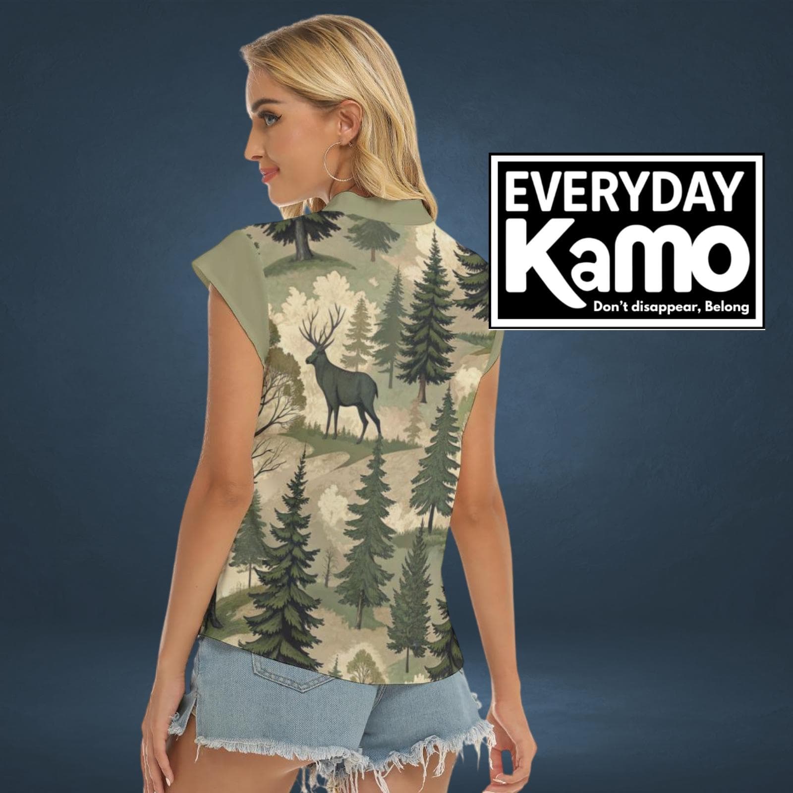 Majestic Deer Forest V-Neck Top - Everyday Kamo Eclectic Nature Print Shirt