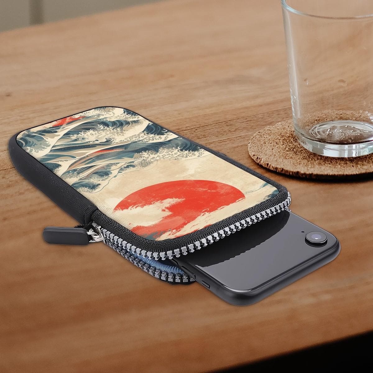 The Great Wave Neoprene Crossbody Phone Bag - Japanese Art Cell Pouch, Hokusai Style Minimalist Travel Wallet