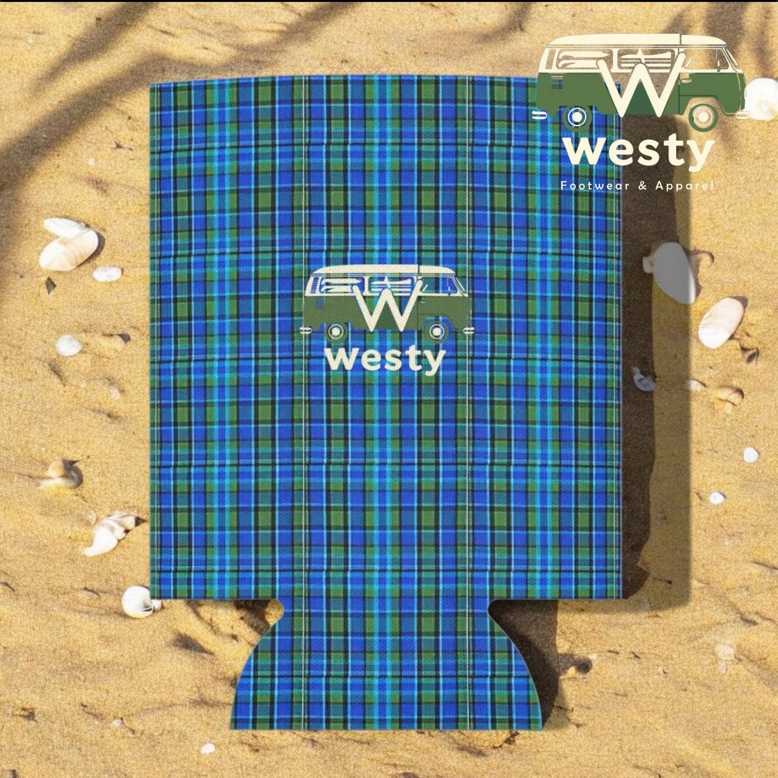 Westy Blue Plaid Can Cooler - Retro Westfalia Camper Bus Design