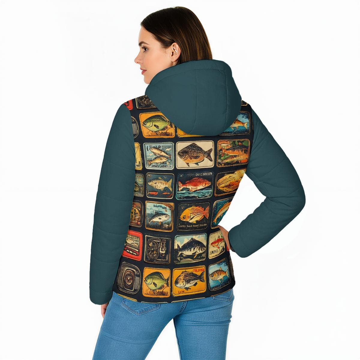Vintage Fish Art Puffer Jacket | Hooded Fishing Enthusiast Outerwear | Unique Angler Gift