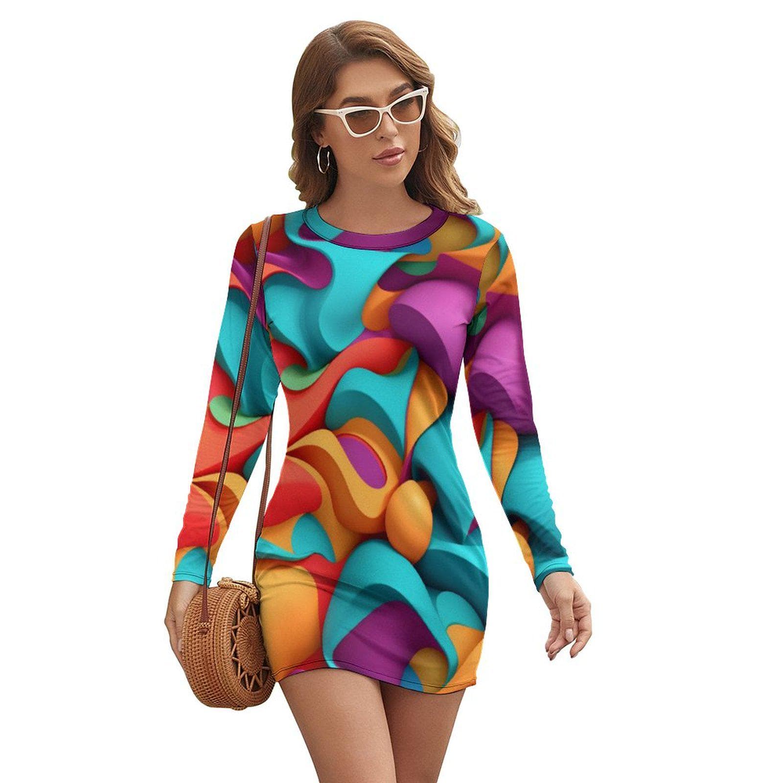 Vibrant Abstract Print Long Sleeve Mini Dress | Comfortable Everyday Round Neck Dress | Psychedelic Art Women's Short Dress