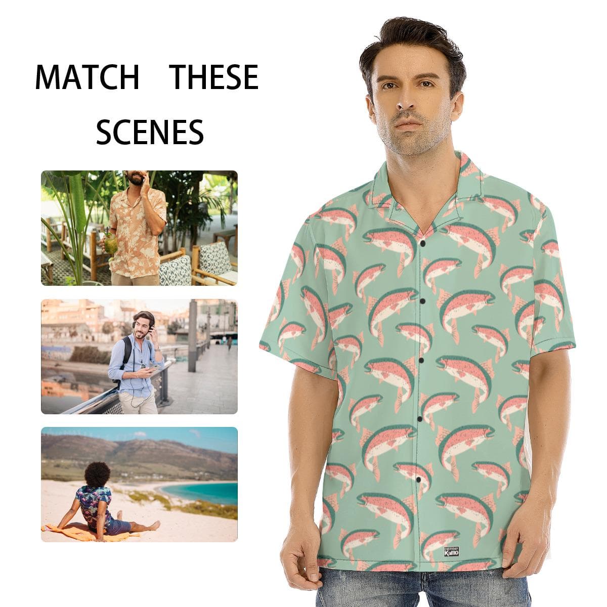 Men's Salmon Trout Hawaiian Shirt | Mint Green Fishing Aloha Shirt | Summer Short Sleeve Button Down | Angler Gift