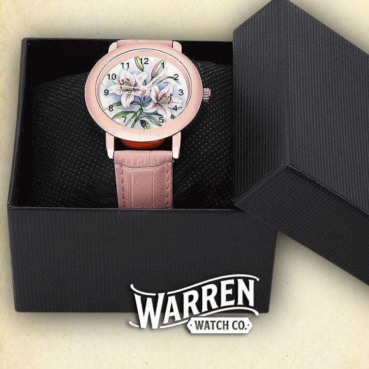 Warren Watch Co. Pink Lily Floral Watch | Alloy Case & Leather Strap