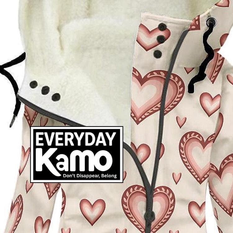 Cozy Heart Print Sherpa Lined Hoodie | Women's Warm Winter Oblique Zip Jacket