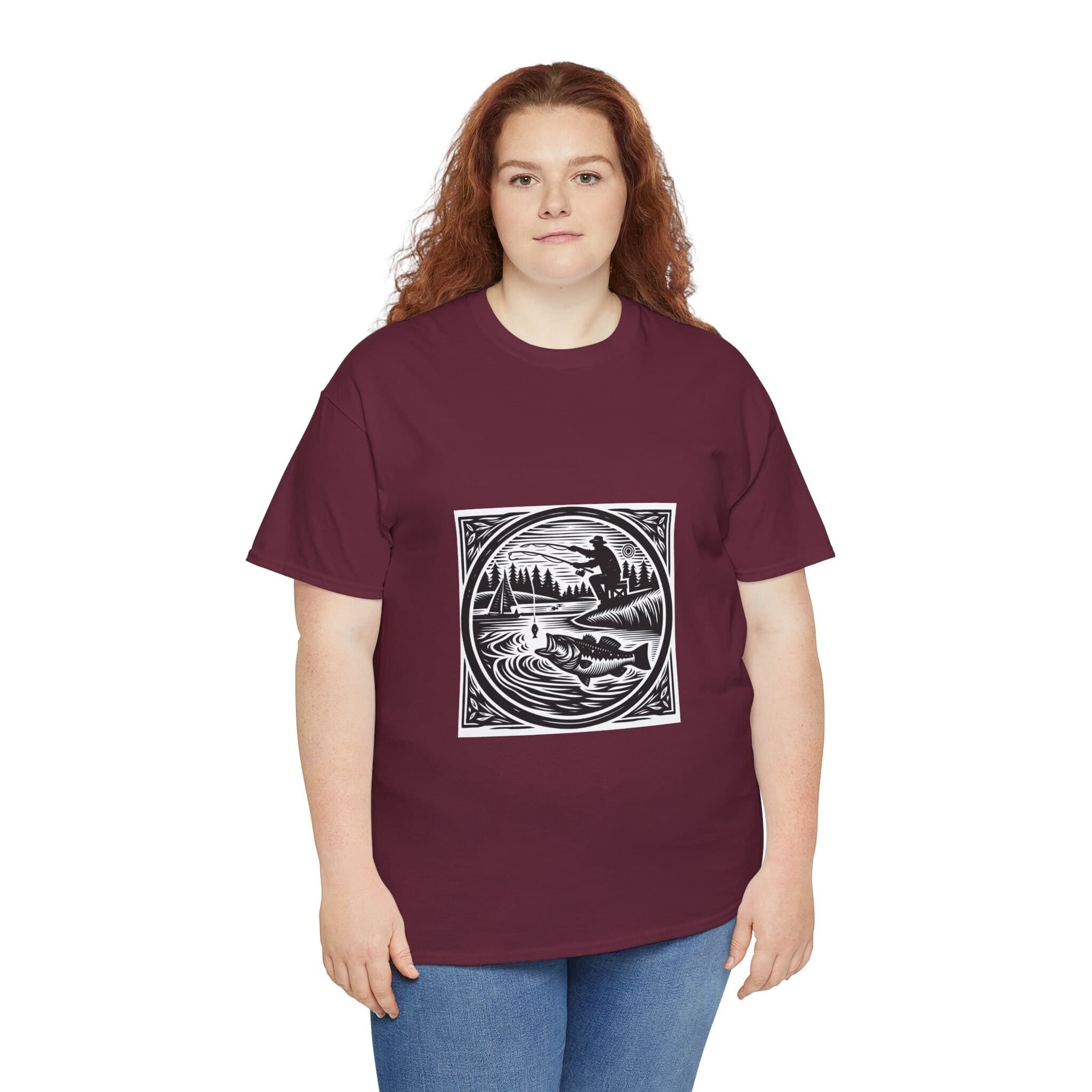 Fishing Woodcut Print T-Shirt | Bass Angler Tee | Vintage Black & White