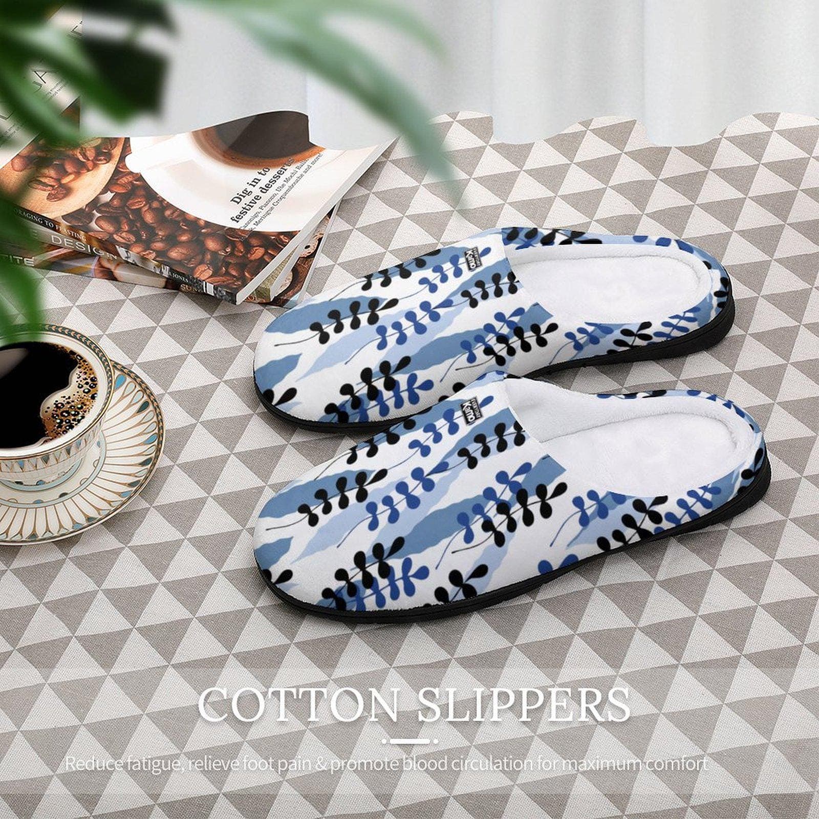 Everyday Kamo Blue Foliage Cozy Cotton Slippers for Women | Anti-Skid House Shoes | Unique Abstract Print Loungewear