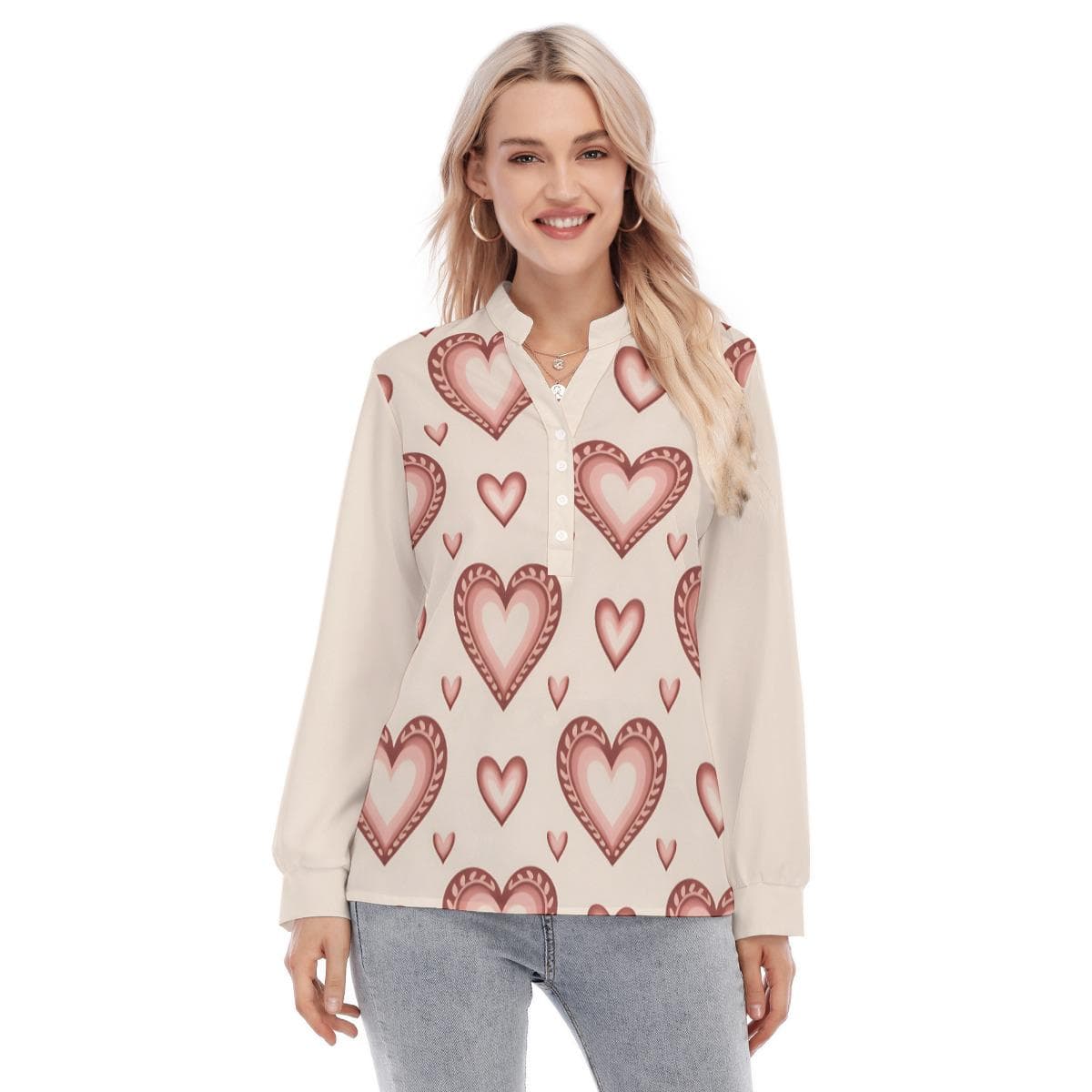 Charming Heart Print Long Sleeve Blouse | Versatile Button-Up Top | Everyday Kamo
