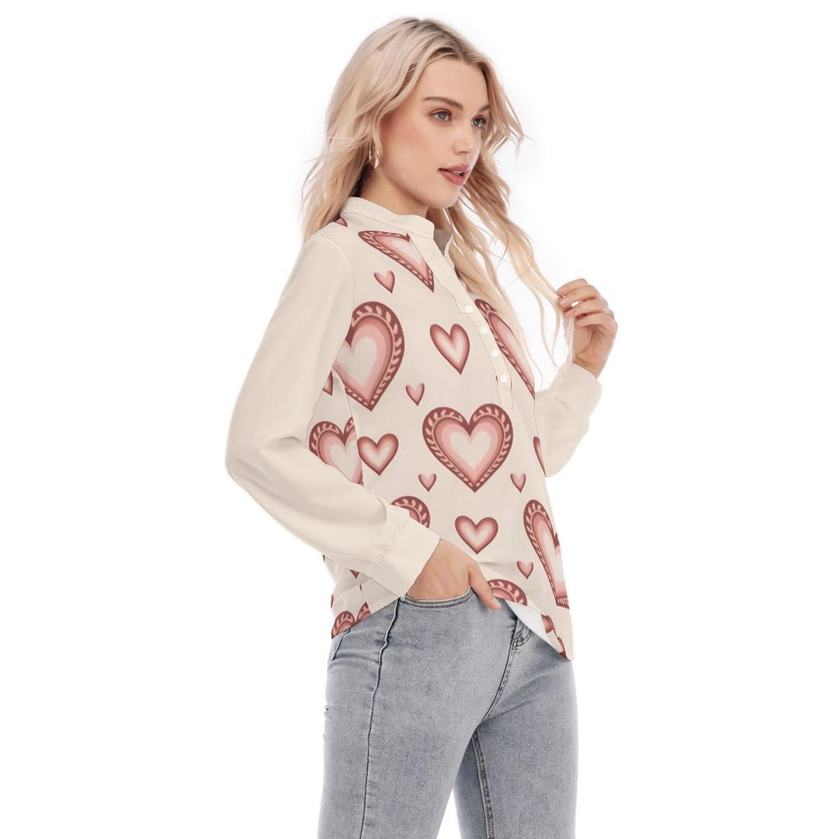 Charming Heart Print Long Sleeve Blouse | Versatile Button-Up Top | Everyday Kamo
