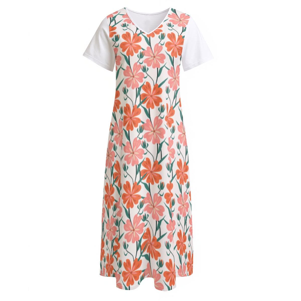 V-Neck Floral Midi Dress | Summer Beach Split Hem Sundress | Comfortable Jersey Short Sleeve Dress