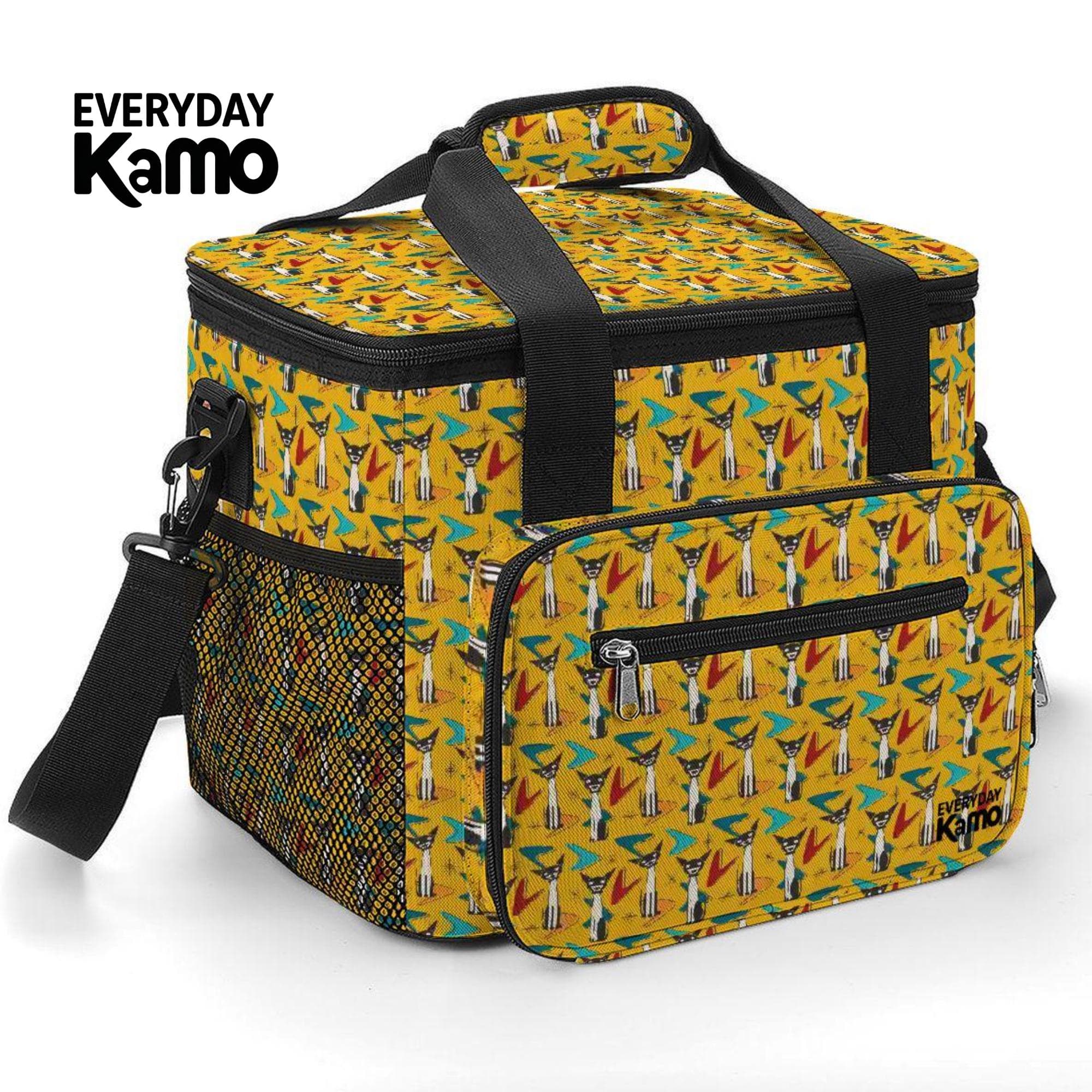 Insulated Lunch Bag Oxford Fabric Yellow Cat Geometric Print Cooler Tote
