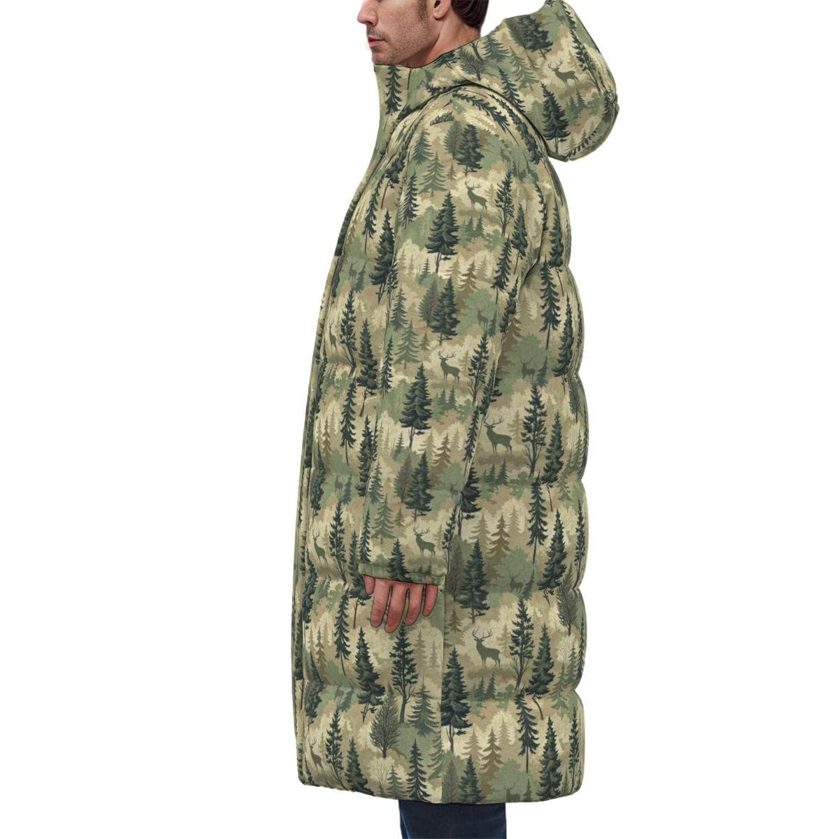 Majestic Deer Forest Camo Men's Long Down Puffer Parka - Windproof Winter Warmth