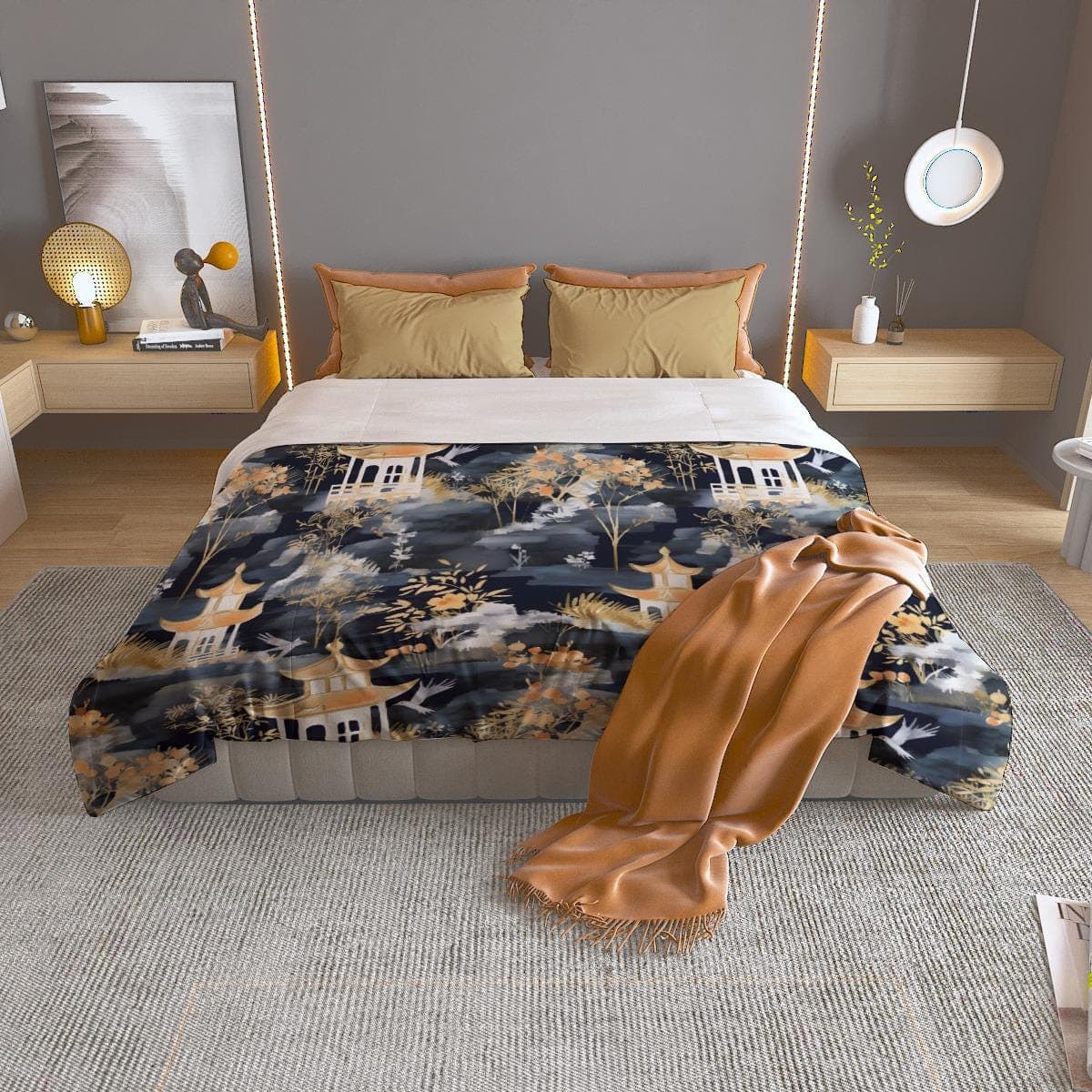 Chinoiserie Pagoda Crane Duvet Cover Set - Asian Inspired Luxury Bedding - Dark Floral Dynasty